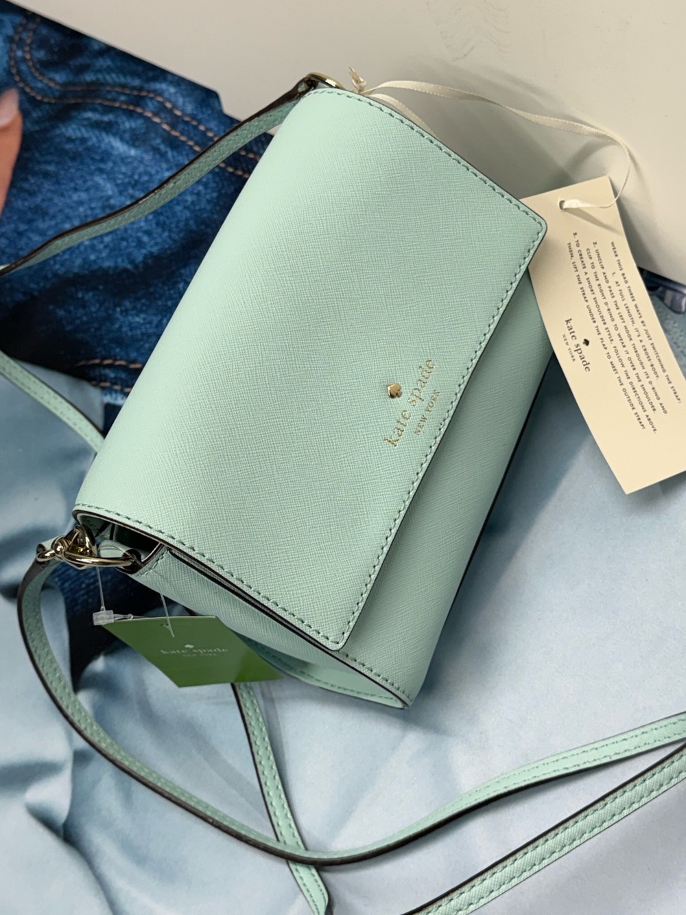 (new+tag) Kate Spade mint green saffiano leather crossbody bag grace blue